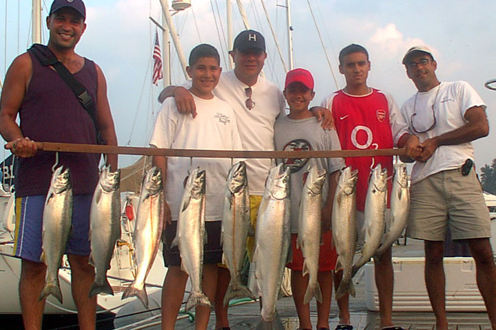 Hector Lopez, John Stevens, Tommy Palmisano, Mario Dicarlo 'Ralph,' Al, and Jerry caught a boatload of Big Kings, Steelhead, and Lake Trout